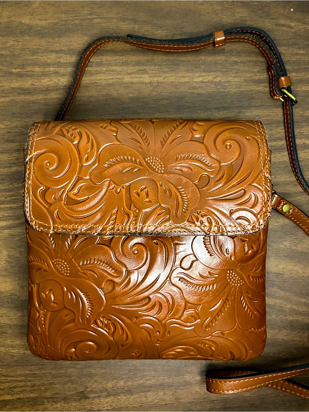 Patricia Nash Florence Cognac Tooled Leather Crossbody Bag Floral Embossed